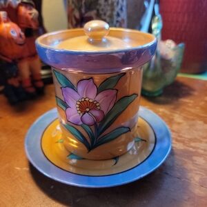 Floral Ceramic Jar with Lid and Saucer
